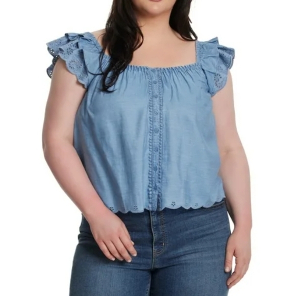 NWT Jessica Simpson Stretch Chambray Eyelet Ruffle Sleeve Violetta Top Size XL - Picture 2 of 16